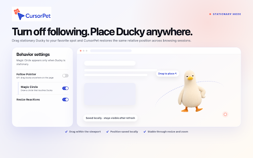 CursorPet — Ducky Cursor Pet :: A playful Chrome cursor pet: Ducky follows, rests, reacts to Magic Circles, and walks along YouTube progress bars.