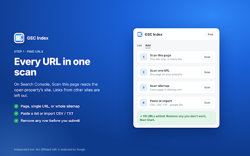 Bulk URL Indexing for Google Search Console :: Bulk URL indexing in Google Search Console. Scan pages and sitemaps, check indexing status, and manage requests in one queue.