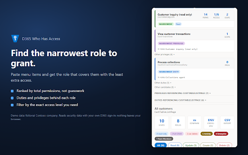 D365 Who Has Access :: D365 F&O security analyzer: find who has access, the narrowest role to grant, and compare environments.