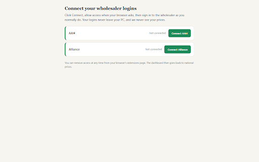 RxConnect :: Shows your own wholesaler account prices in the RxMargin dashboard. Your logins never leave your PC. We never see your prices.