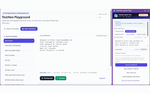 TestNeo Quick Test :: Write browser tests in plain English. Run NLP tests on any page and view full results in TestNeo.