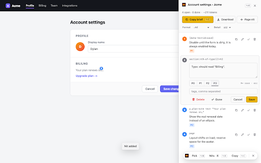 nitz :: Pin DOM-anchored feedback, export a token-lean brief for coding agents, dispatch with a signed KYA-OS delegation.