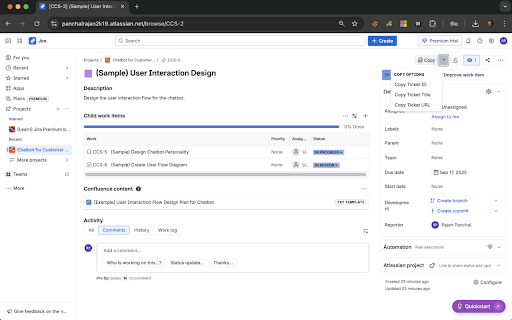 Jira Copy Helper :: A convenient Copy button to Jira issue pages with dropdown options for copying ticket ID, title, URL, or formatted links.