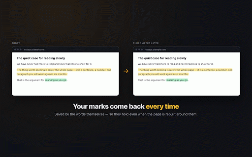 Markly — Highlight & Save Any Page :: Highlight text on any page. Your marks come back when you return, and one panel keeps everything you've ever marked.