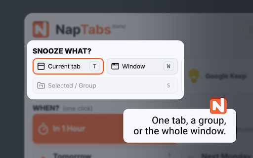 NapTabs – Snooze Tabs & Reopen Later :: Snooze tabs, groups, or windows and bring them back when needed. Local-first, with no account required.