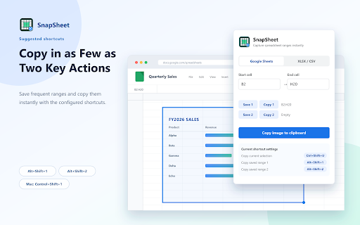 SnapSheet - Spreadsheet Screenshot Tool :: Copy ranges as images from Google Sheets (Sheets site only), XLSX, or CSV.