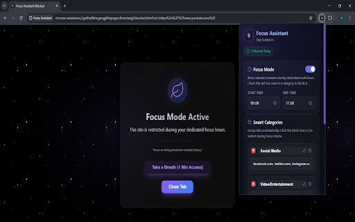 Focus Assistant :: Supercharge your productivity. Block distracting sites, group your tabs, and stay locked in during focus hours.