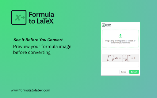 Formula to LaTeX: Convert Images to Code :: Convert any formula from images or screenshots into LaTeX code instantly, we supports math, physics, chemistry, and more.
