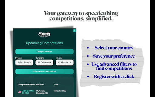 WCA Competitions Tracker :: Shows upcoming WCA competitions by country and finds the closest competitions near you.