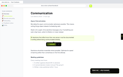 Weblyr :: Highlight text on any webpage and leave threaded comments your team sees instantly. No screenshots, no Slack.