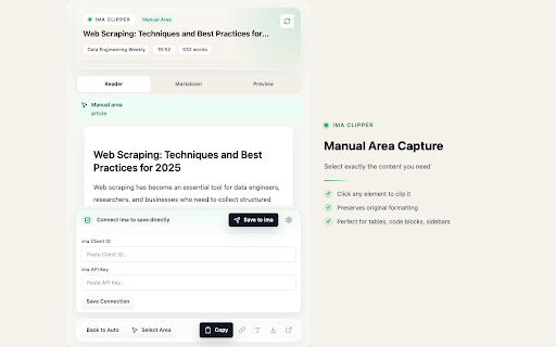 Web Clipper for ima :: Extract web pages into clean Markdown for ima knowledge capture.