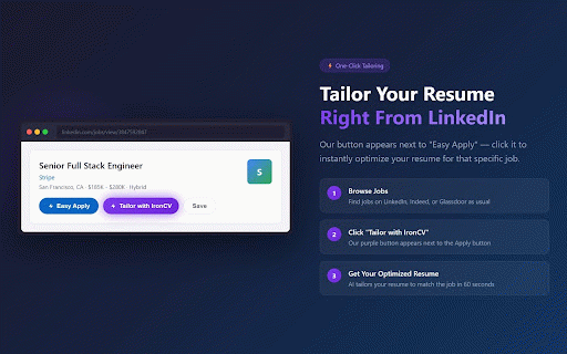 IronCV — Resume Copilot :: Check your ATS score, tailor your resume, and save jobs from LinkedIn, Indeed, and Glassdoor — all in one click.