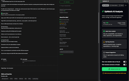 UpMatch AI :: Analyze Upwork job posts for match score, red flags, and proposal suggestions. Get more insights. Let AI be your freelance sniper.