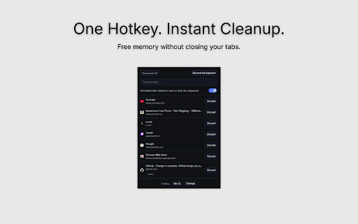 Discard Tabs – Free Up Chrome Memory Instantly :: Free up Chrome memory instantly by discarding background tabs. Simple hotkey control, lightweight, and privacy-first.