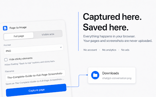 Page to Image :: Capture any webpage — full page or visible area — as a crisp PNG or JPEG. Processed locally; nothing is uploaded.
