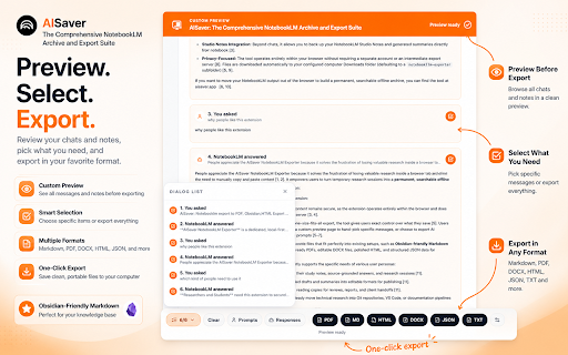 AISaver: NotebookLM Workspace :: Import AI chats and web content into NotebookLM, then export NotebookLM conversations and Studio Notes as clean local files.