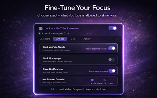 LockIn – Study-Only YouTube Extension :: Blocks distracting YouTube content and allows only study-related videos to help you stay focused.