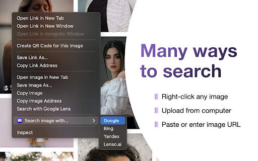 Reverse Image Search Tool :: Search by image using Google, Bing, Yandex, and Lenso.ai. Upload, paste a URL, or right-click any image to search instantly.