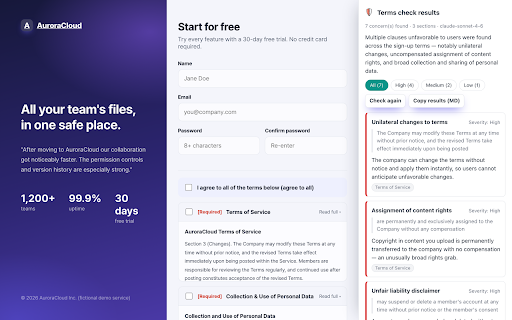 ClauseGuard — Toxic Clause Checker for Terms :: Chrome extension that checks sign-up terms for unfair clauses using your own AI model.