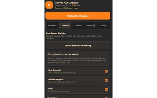 Canvas Customizer :: Customize Canvas with themes, movable dashboards, smarter To-Do, widgets, backups, and more. Created by Sylph. Beta software.