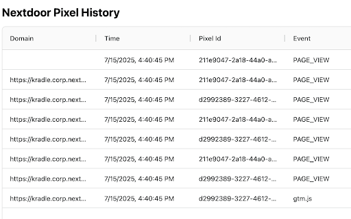 nextdoor-extension-helper :: A Chrome extension that helps advertisers validate their Nextdoor pixel implementation by capturing and displaying pixel events.