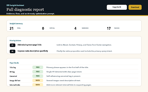 SEO Insight Assistant :: Run a lightweight SEO check for the current page and copy an AI-ready optimization report.