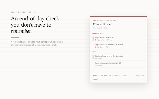 Daybook :: A local-first task list with a morning brief and an end-of-day check. No account, no server, no network.