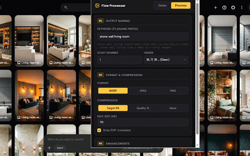 Flow Image Processor :: Capture images from Google Flow, drag to reorder, then process and download with custom naming and enhancements.