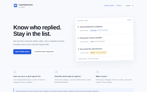 Last Comment for GitHub :: See who replied last and preview Markdown from GitHub issue and pull request lists. No tokens. No developer telemetry.