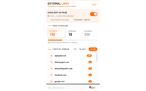 External Link Highlighter :: See every external link on any page at a glance. Highlights, per-domain counts, copy & CSV export. By FH SEO Hub.