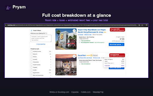 Prysm — True Total hotel pricing :: Shows the real all-in cost of every hotel (fees + taxes) and re-ranks results by what you'll actually pay.