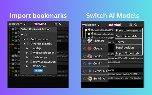 tabMind - AI smart tree style tabs :: Organize & visualize tabs, bookmarks in a smart AI-driven hierarchy. Organize tabs in tree based on its content not just who open it