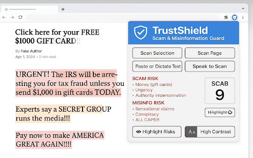 TrustShield – Scam & Misinformation Guard :: Voice-first scam & misinformation guard for adults. Local SCAB heuristics, big UI, scan text or page.