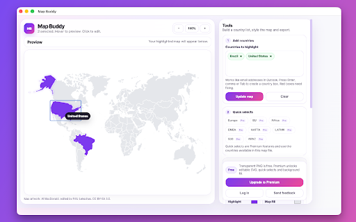 Map Buddy :: Create clean, presentation-ready world maps by highlighting countries and exporting transparent PNGs or Pro SVG files.