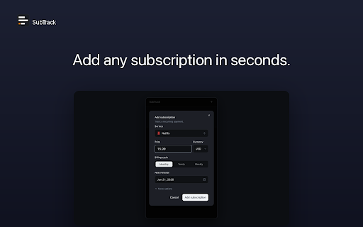 Subscription Tracker & Reminder - SubTrack :: Subscription tracker with renewal reminders. Track recurring payments & monthly spend. 100% local — no account, no bank linking.