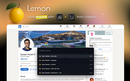 Lemon - A Local CRM for Linkedin :: A lightweight Kanban board based CRM that works on top of your bookmarked contacts for Linkedin. Built by the team at Quibbly.