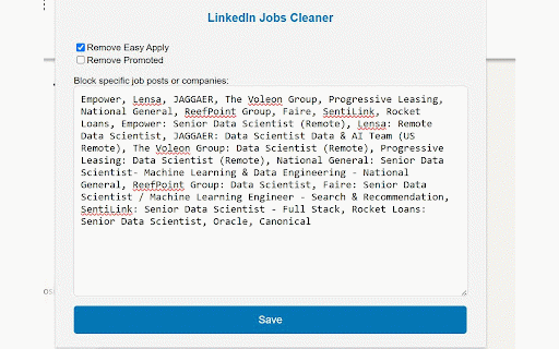 LinkedIn Jobs Cleaner :: Hides job posts from specific companies on LinkedIn.