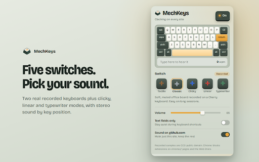 MechKeys: Mechanical Keyboard Sounds :: Hear real mechanical keyboard sounds as you type on any website. Recorded switches plus clicky, linear and typewriter modes.