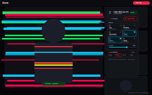 Fake Webcam FX :: Freeze, blur, glitch and pixelate your camera in Zoom, Google Meet and Teams.