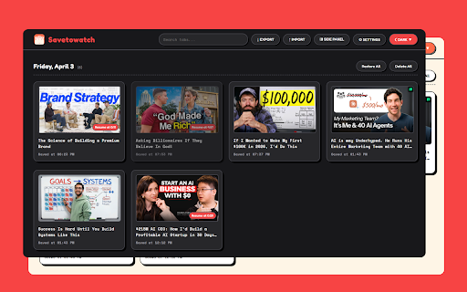 Savetowatch :: Save to watch YouTube where you left off. Free up browser memory and organize your video tabs in a beautiful dashboard.