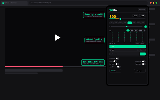 VolMax - Volume Booster & EQ :: Boost volume up to 1000%, 6-band EQ, balance, night mode, per-tab memory, and hotkeys.