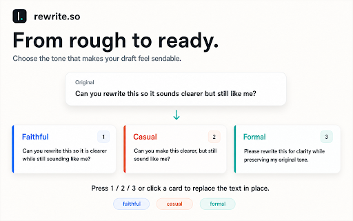 rewrite.so — Write naturally in any language :: Three native-sounding rewrites of any text input — faithful, casual, formal. Write naturally in any language; double-tap Shift.