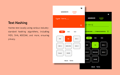 GenHash :: A lightweight extension that generates random passwords and hashes text using well-known algorithms, locally.