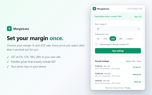 MarginLens — GST & Margin X-Ray :: Select any ₹ price on any website. See the GST split, your margin, and the price you should charge — instantly.