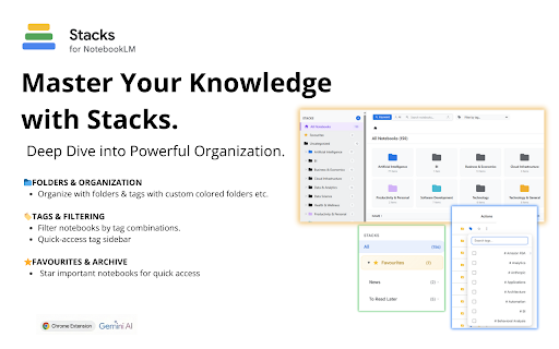 Stacks for NotebookLM: Folders & AI Search :: Organize your Google NotebookLM with folders, tags, and AI-powered semantic search.