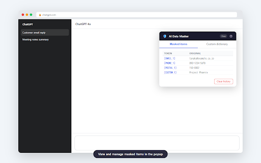 AI Data Masker :: Mask personal data before sending to AI services. Protect emails, phone numbers, URLs, and custom keywords.
