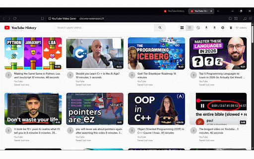 YouTube Video Saver :: Automatically saves every YouTube video you visit. View them all on your history page.
