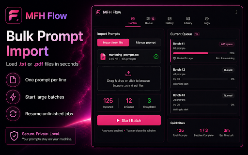 MFH Flow :: Batch automate Google Flow prompts with refs, character tags, queues, and one-click downloads.