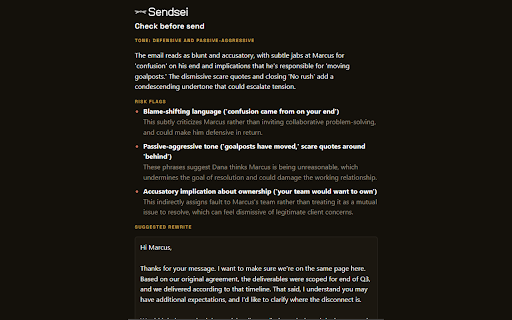 Sendsei - Tone & risk check for Gmail & Outlook :: Reviews your draft before you send it - tone, risk flags, and a suggested rewrite. Works in Gmail and Outlook.