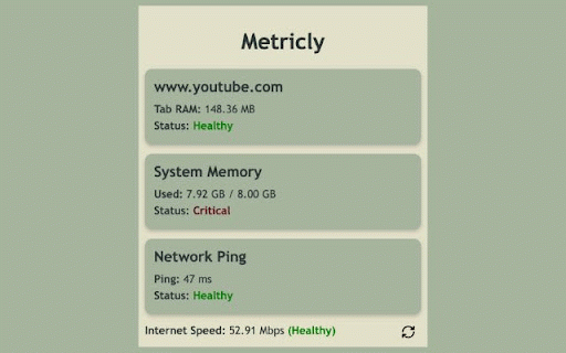 Metricly - RAM & Ping Monitor :: Monitor tab memory, system memory, and ping in real-time.